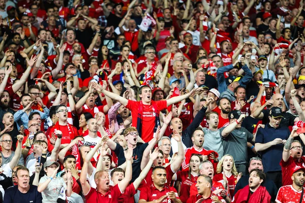 KYIV, UKRAINE  26 MAY, 2018: Liverpool football club fans during the 2018 UEFA Champions League final match Real (Madrid)  Liverpool on the Olympic Stadium 