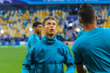 KYIV, UKRAINE 26 Mayıs 2018: Portekizli profesyonel futbolcu Cristiano Ronaldo 2018 UEFA Şampiyonlar Ligi final maçı sırasında Olimpiyat Stadyumu 'nda Real (Madrid) Liverpool 