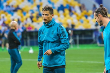 KYIV, UKRAINE 26 Mayıs 2018: Portekizli profesyonel futbolcu Cristiano Ronaldo 2018 UEFA Şampiyonlar Ligi final maçı sırasında Olimpiyat Stadyumu 'nda Real (Madrid) Liverpool 