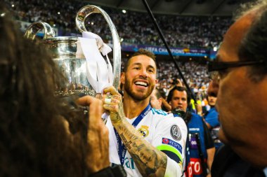 KYIV, UKRAINE  26 MAY, 2018: Spanish professional footballer Sergio Ramos during the 2018 UEFA Champions League final match Real (Madrid)  Liverpool on the Olympic Stadium 