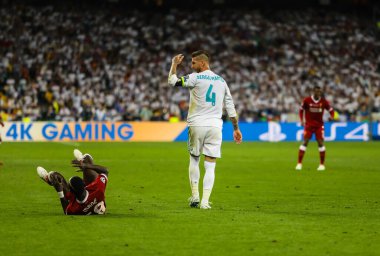KYIV, UKRAINE  26 MAY, 2018: Spanish professional footballer Sergio Ramos during the 2018 UEFA Champions League final match Real (Madrid)  Liverpool on the Olympic Stadium 