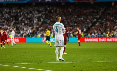 KYIV, UKRAINE 26 Mayıs 2018: 2018 UEFA Şampiyonlar Ligi final maçı sırasında İspanyol profesyonel futbolcu Sergio Ramos Olimpiyat Stadyumu 'nda Real (Madrid) Liverpool 