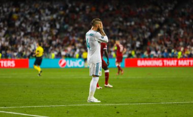 KYIV, UKRAINE 26 Mayıs 2018: 2018 UEFA Şampiyonlar Ligi final maçı sırasında İspanyol profesyonel futbolcu Sergio Ramos Olimpiyat Stadyumu 'nda Real (Madrid) Liverpool 