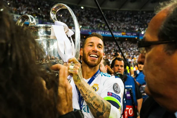 KYIV, UKRAINE 26 Mayıs 2018: 2018 UEFA Şampiyonlar Ligi final maçı sırasında İspanyol profesyonel futbolcu Sergio Ramos Olimpiyat Stadyumu 'nda Real (Madrid) Liverpool 