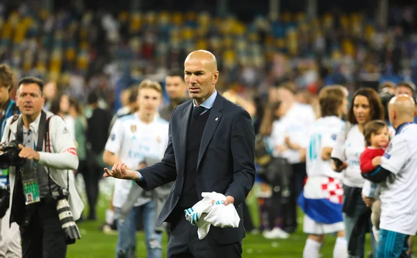 KYIV, UKRAINE  26 MAY, 2018: Former football player Zinedine Zidane during the 2018 UEFA Champions League final match Real (Madrid)  Liverpool on the Olympic Stadium 