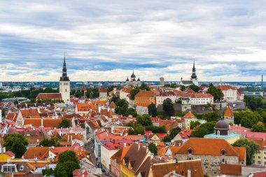 TALLINN, ESTONIA - 15 AĞUSTOS 2018: Tallinn 'in tarihi kısmına yazın öğleden sonra yukarıdan bakmak