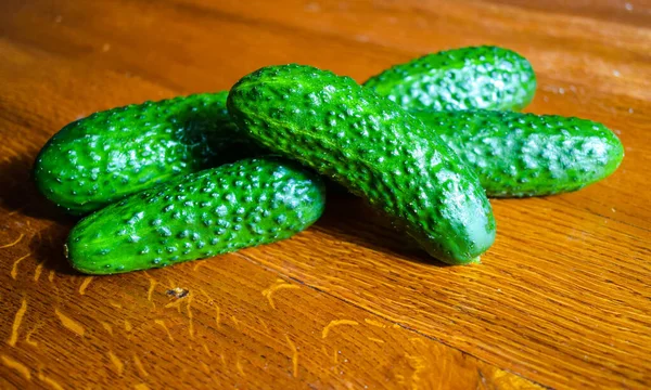 Green Cucumbers Wooden Board Afternoon — Stock Photo, Image