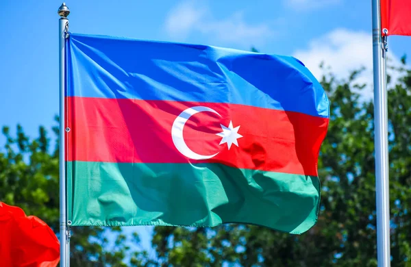 Flag Azerbaijan Consists Three Equal Width Horizontal Stripes Blue Red — Stock Photo, Image