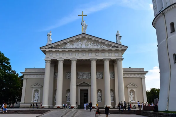 VILNIUS, LITHUANIA - 20 AĞUSTOS 2019 St Stanislaus Katedral Bazilikası ve St. Ladislaus Katedral Meydanı 'nda mavi gökyüzüne karşı 