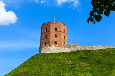 VILNIUS, LITHUANIA - 20 AĞUSTOS 2019: Gediminas 'ın kulesi, yaz öğleden sonra mavi gökyüzünün arka planında yeşil bir tepe üzerinde