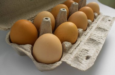 Açık bir karton kutuda beyaz arka planda kahverengi yumurtalar.