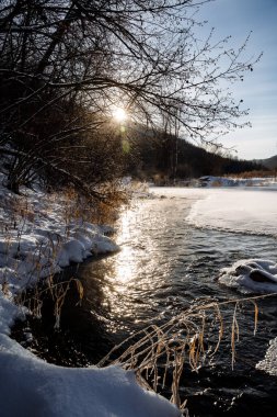 Su karın içinden akar. Nehir buzla kaplı. Ormana kış geldi. Tuz suya yansıyor. Soğuk zaman.