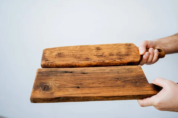 Cutting Board Cooking Kitchen Wooden Board Hands Man Kitchenware Handmade — Stock Photo, Image
