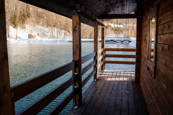 Vue Depuis Bain Bois Sur Lac Sans Tuiles Hiver Brillamment — Photo