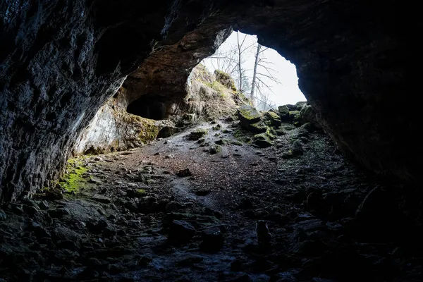 Panoramic View Exit Cave Sunlight Penetrates Illuminates Exit Cave Walls — Stock Photo, Image