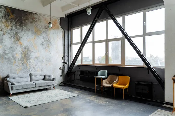 Interior Shot Loft Studio Three Bright Chairs Large Panoramic Window — Stock Photo, Image