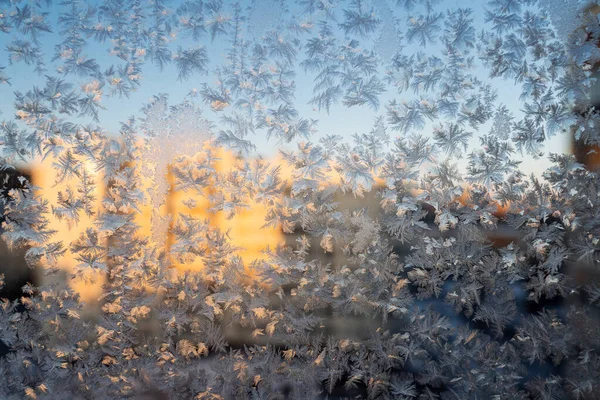 Die Textur Des Glases Bedeckt Mit Frost Winter Der Kälte — Stockfoto