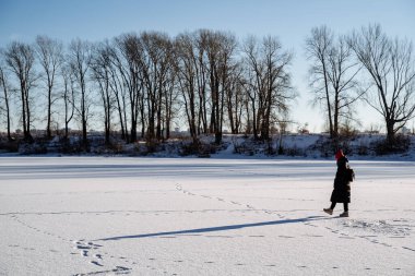 Parlak şapkalı genç bir kız donmuş bir gölde yürüyor. Kış manzarasından gelen neşe ve neşe, parlak güneş, açık gökyüzü. Doğada yürü. Yüksek kalite fotoğraf