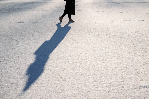 Ein Großer Schatten Von Einem Mädchen Das Auf Einem Zugefrorenen — Stockfoto