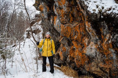 Gezgin uçurumun kenarında duruyor. Çalı işi. Karlı orman ve kayalar. Sopa, destek için baston. Kışın dağa tırmanmak. Vahşi doğada hayatta kalmak. Yüksek kalite fotoğraf