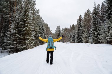 Parlak sırt çantalı neşeli bir gezgin orman boyunca yürüyor. Karlı orman ve kayalar. Kışın dağa tırmanmak. Vahşi doğada hayatta kalmak. Yüksek kalite fotoğraf