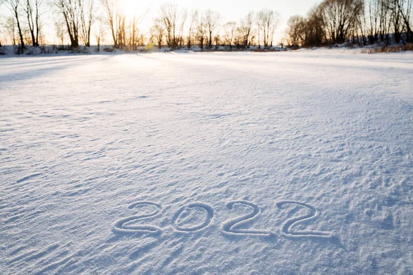 2022 Inscription Snow Numbers Year Written Snow Date Two Thousand — Stock Photo, Image