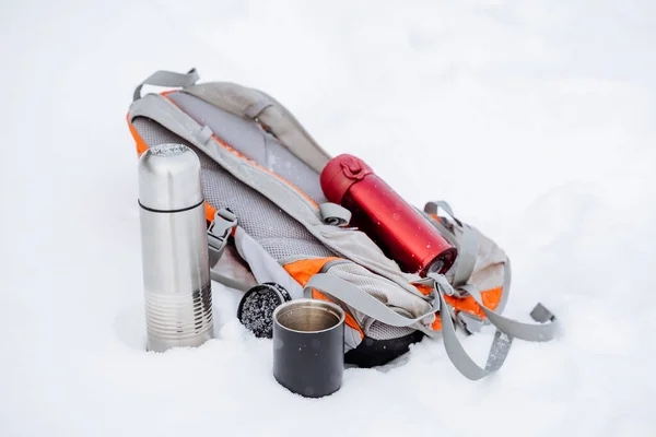 Picnic Side Road Thermos Hot Coffee Backpack Carrying Things Hiking — Fotografia de Stock