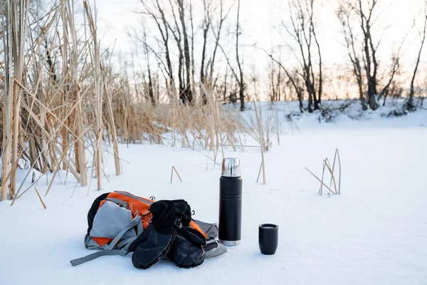 Equipo Invierno Para Paseos Naturaleza Termos Con Negro Manoplas Calientes —  Fotos de Stock
