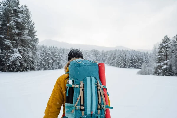 Close shot of hiking backpack on the back of the traveler. Snowy forest and rocks. Climbing the mountain in winter. Survival in the wild. — Stock Photo, Image