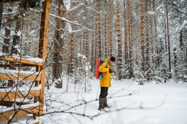 Parlak elbiseli bir gezgin, kar fırtınası, karlı orman ve kayaların arasında çalıların arasında yürüyor. Kışın dağa tırmanmak. Vahşi doğada hayatta kalmak. Yüksek kalite fotoğraf