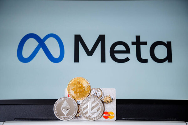 Russia Ufa February 2022: Metaverse against the background of cryptocurrency, mastercard. The company meta infinity. Blockchain technology in the new reality. High quality photo