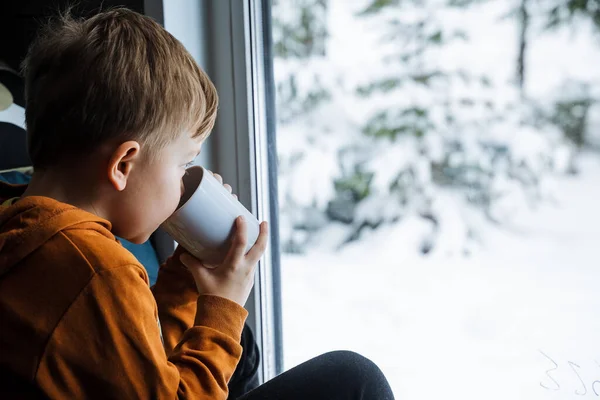 Ein Netter Junge Trinkt Warmen Kakao Und Sitzt Fenster Winterlandschaft — Stockfoto