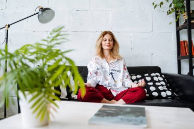 Pijamalı çekici bir kız kanepede meditasyon yapıyor. Yattıktan hemen sonra sabah yogası. Zen ve sükunet. Güneşli bir sabahın tadını çıkarıyorum. Yüksek kalite fotoğraf