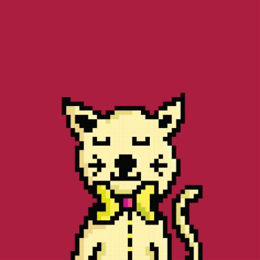 Yüzünde sihirli bir parıltı gösteren gülümseyen kripto bir kedinin karikatür çiziminin basit düz pikselli çizimi