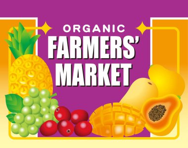 Bir çiftçinin piyasa tabelasının tasviri. Bit pazarı, çiftçi doğrudan satışları, süpermarket reklamları, vs.. 