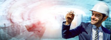Aircraft engineer concept, White people male in suit and white hard hat holding toy plane on multi-exposure images modern backdrop.