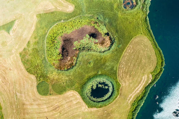 크로아티아의 갈대와 초원에 둥그스름 호수들을 공중에서 — 스톡 사진