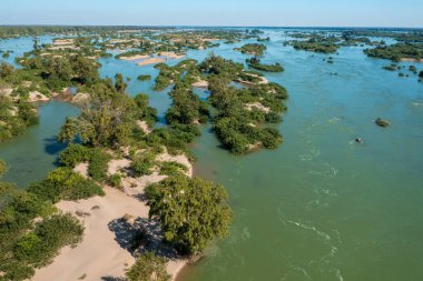 Aerial views of the Mekong River with many sand bars and islands, Cambodia