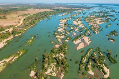 Aerial views of the Mekong River with many sand bars and islands, Cambodia
