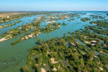 Aerial views of the Mekong River with many sand bars and islands, Cambodia