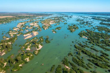 Aerial views of the Mekong River with many sand bars and islands, Cambodia