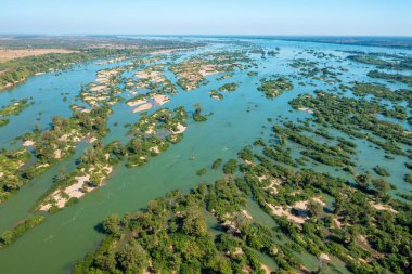 Aerial views of the Mekong River with many sand bars and islands, Cambodia