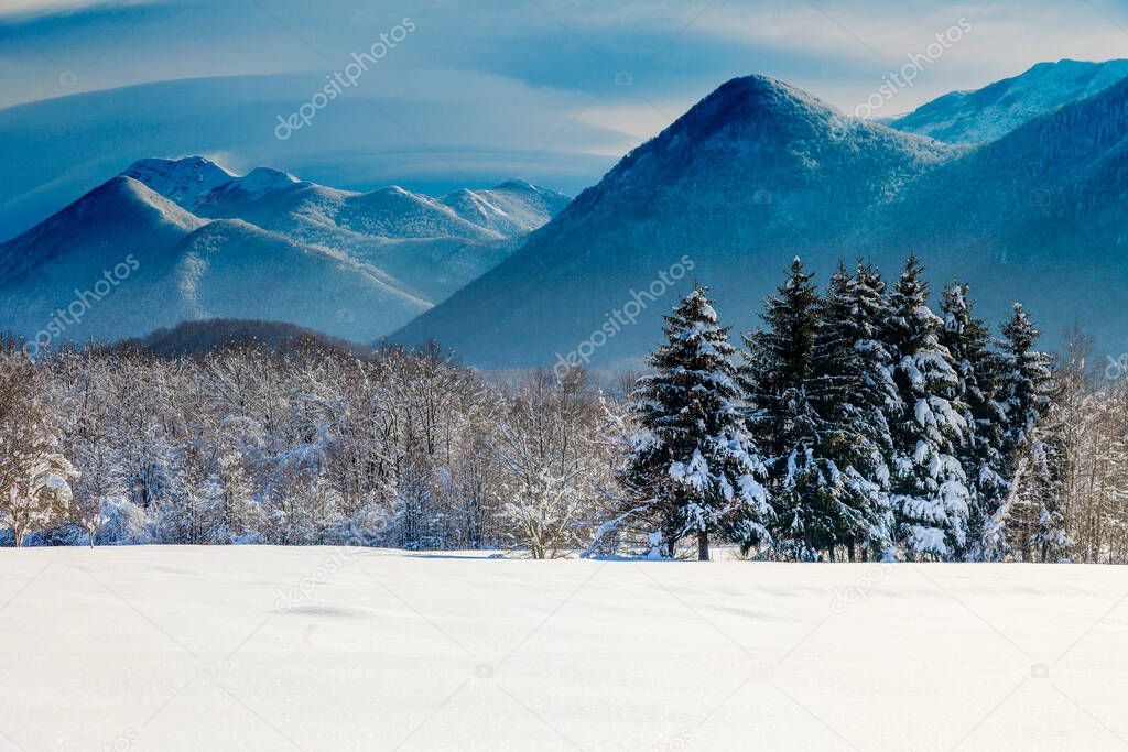 Winter with snow on Lika, foothill of the Velebit Mountain  Croatia