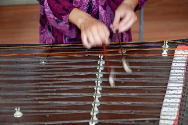 Bir müzisyenin çaldığı cimbalom enstrümanı.