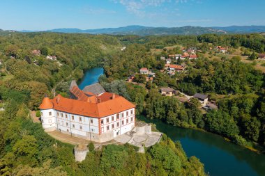 Aerial view of old Ozalj town on the Kupa River, Croatia