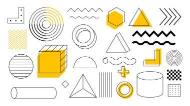 100 geometrik şekil seti. Memphis tasarımı, web, vintage, reklam, ticari afiş, poster, reklam panosu, satış için retro elementler. Koleksiyon trend yarım ton vektör geometrik şekilleri.