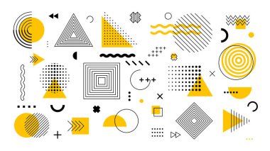 100 geometrik şekil seti. Memphis tasarımı, web, vintage, reklam, ticari afiş, poster, reklam panosu, satış için retro elementler. Koleksiyon trend yarım ton vektör geometrik şekilleri.