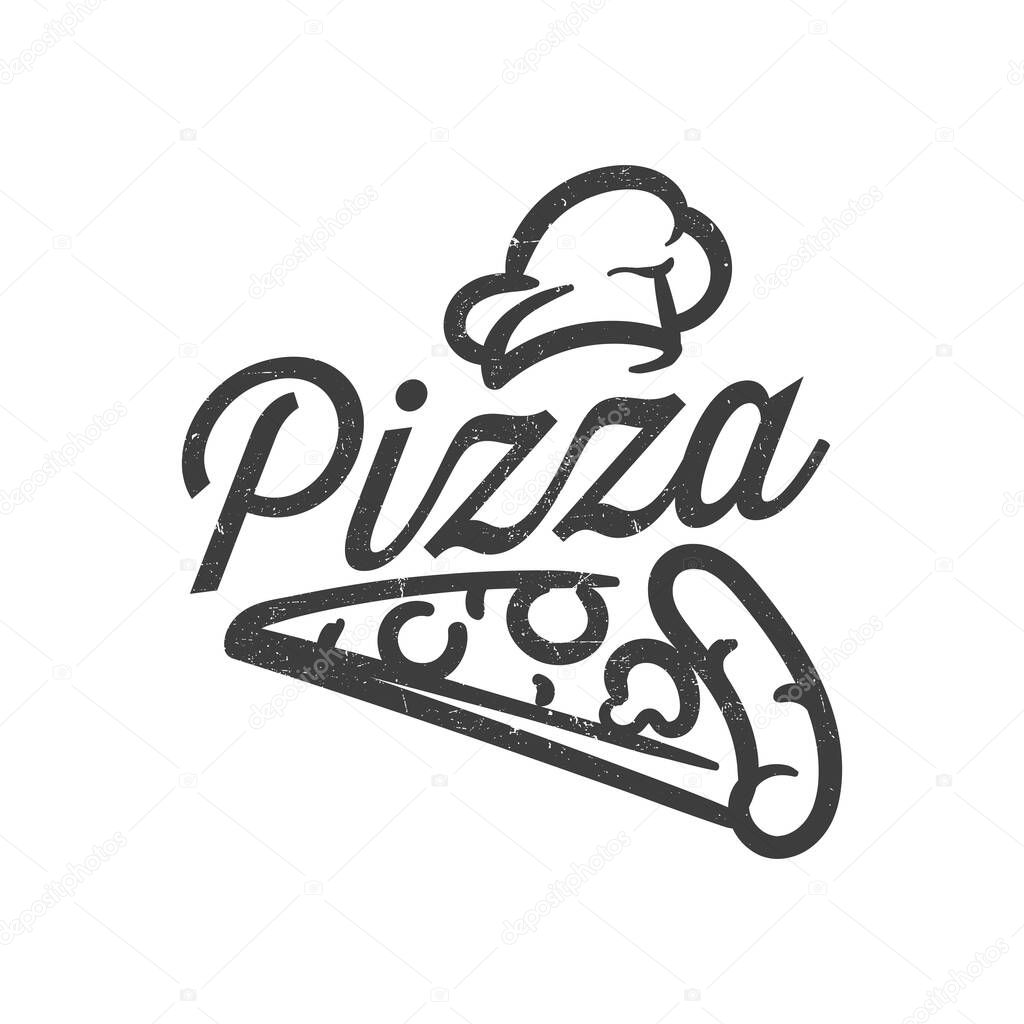 Pizza slice logo with hat chef for restaurant and cafe, black and white vector illustration isolated on white background.