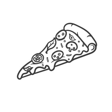 Vektör çizimi. Eritilmiş peynirli ve pepperonili pizza dilimi. El çizimi karalama. Çizgi film çizimi. Tebrik kartları, posterler, amblemler için dekorasyon