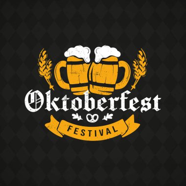 Oktoberfest elle çizilmiş vektör yazı ve bira cam. Modern fırça hat. Grunge arka plan.